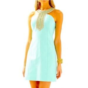 Lilly Pulitzer Adelina Shift Dress Poolside Blue Gold Beaded Size 6